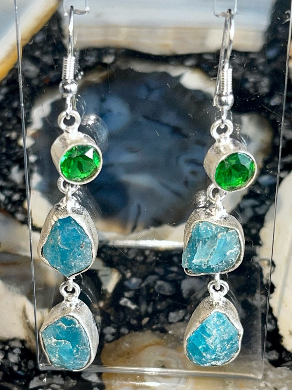 Hammered Metal, Raw Blue Apatite Crystal Earrings 2 1/2”